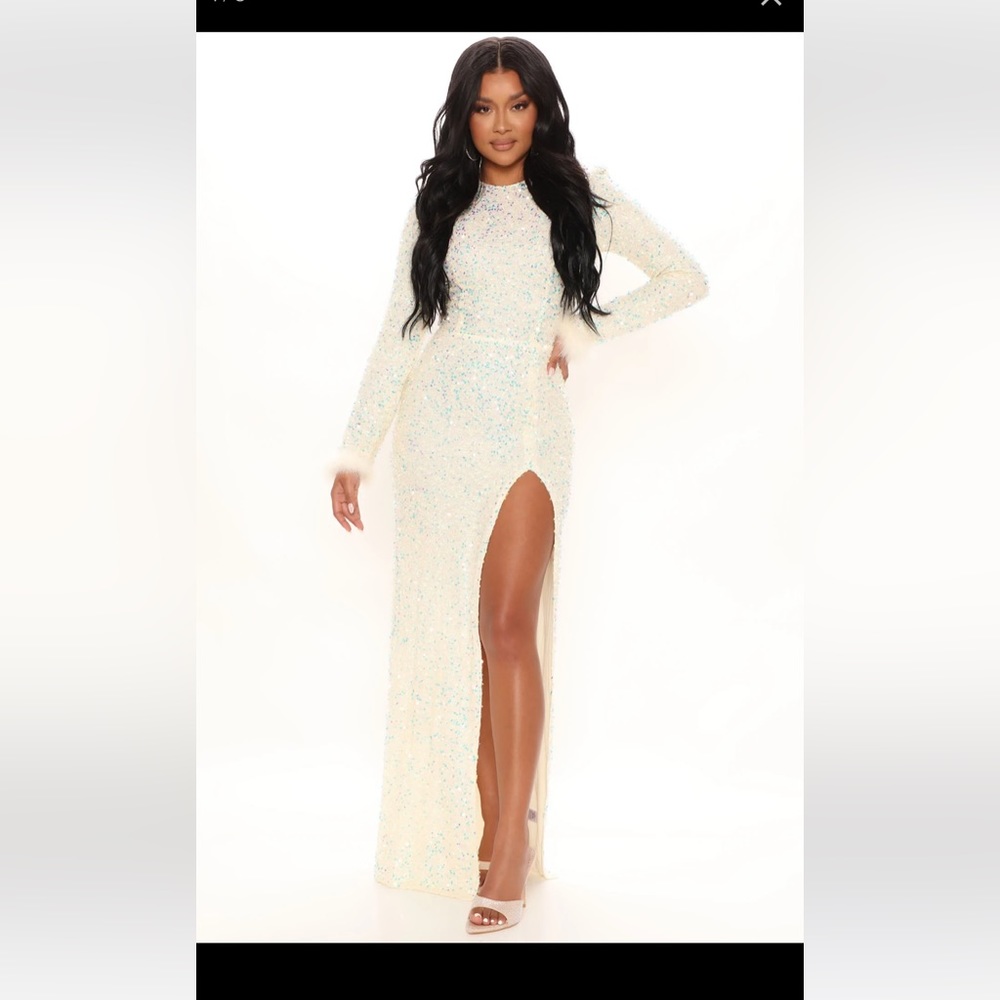 Foreign Cars Sequin Maxi Dress - White with feather cuff